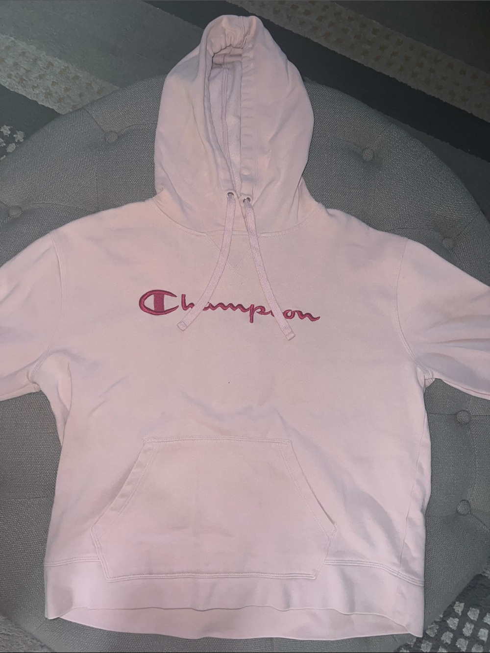 Champion Light Pink Hoodie with Dark Pink Script Logo